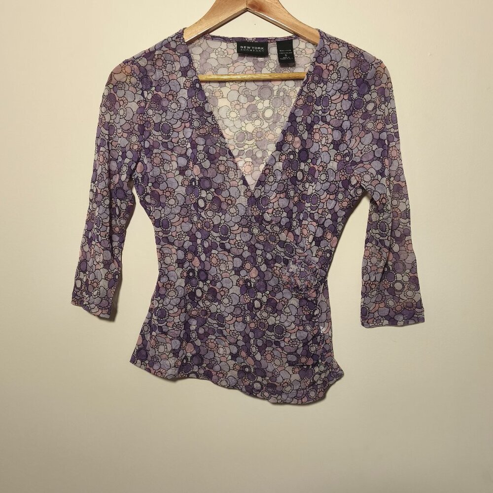 y2k New York & Co. Mesh Floral Printed Wrap Top sz S Pink Purple Coquette Girly